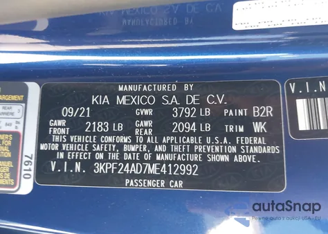 2021 Kia Forte Lxs z USA, uszkodzony, nr VIN 3KPF24AD7ME412992